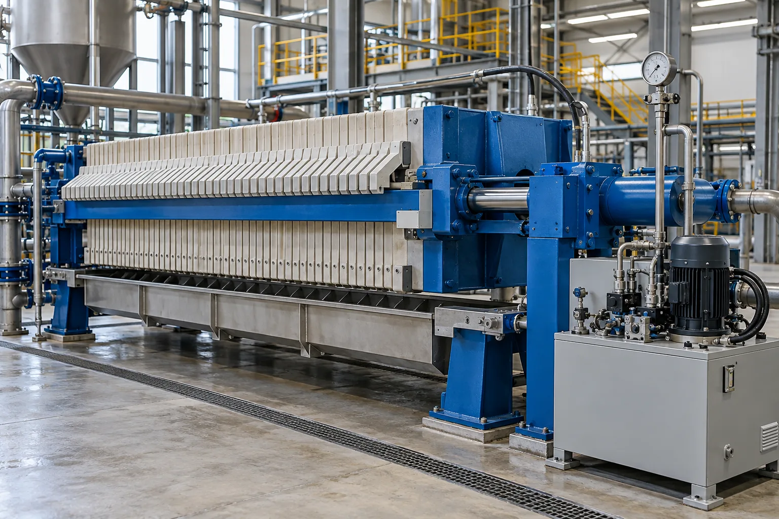 Filtro-prensa com unidade hidráulica e instrumentação de alimentação.