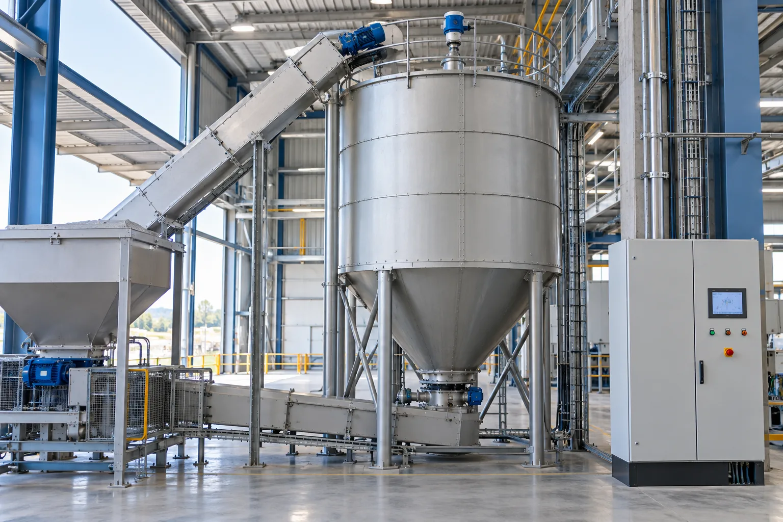 Silo com medição de nível e sistema de alimentação.
