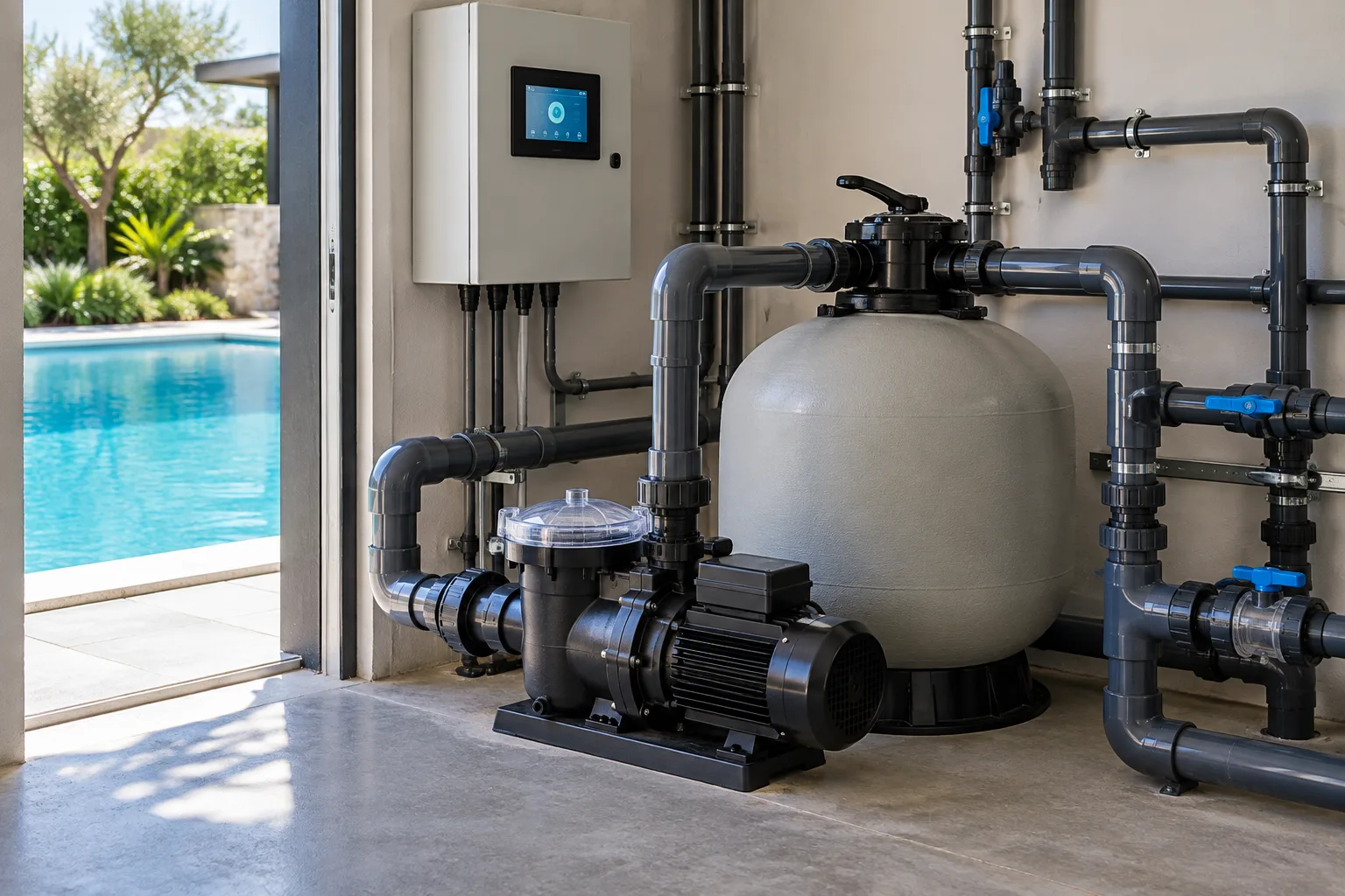 Casa de máquinas de piscina com bomba, filtro e painel de automação.