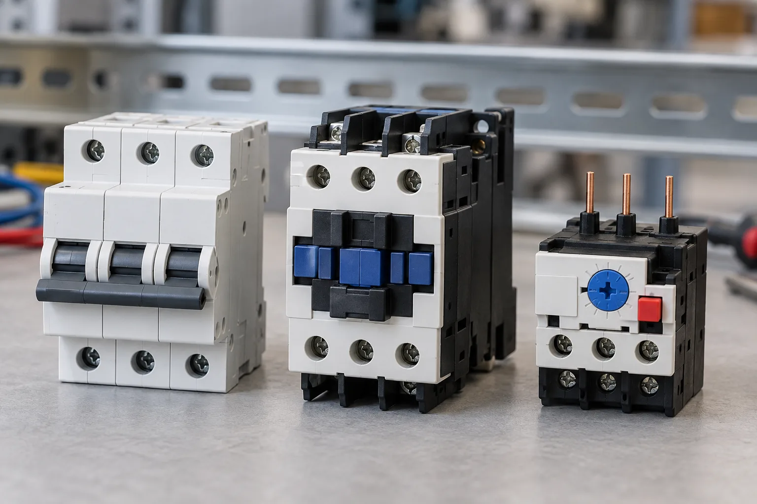 Disjuntor, contator e relé térmico organizados em uma bancada técnica.