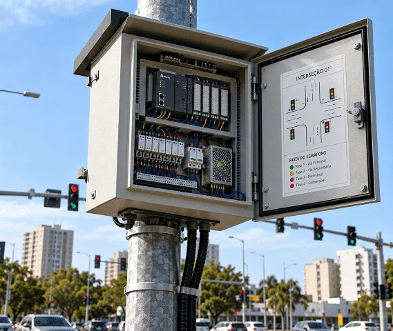 CLP e módulos de entrada e saída instalados em um painel de controle.