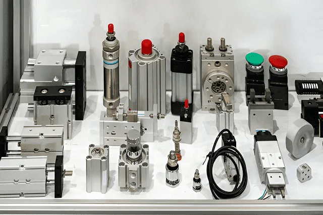 Conjunto de atuadores e cilindros pneumáticos usados na automação.