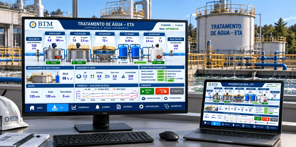 Painel de automação industrial com CLP, módulos de controle e interface IHM.