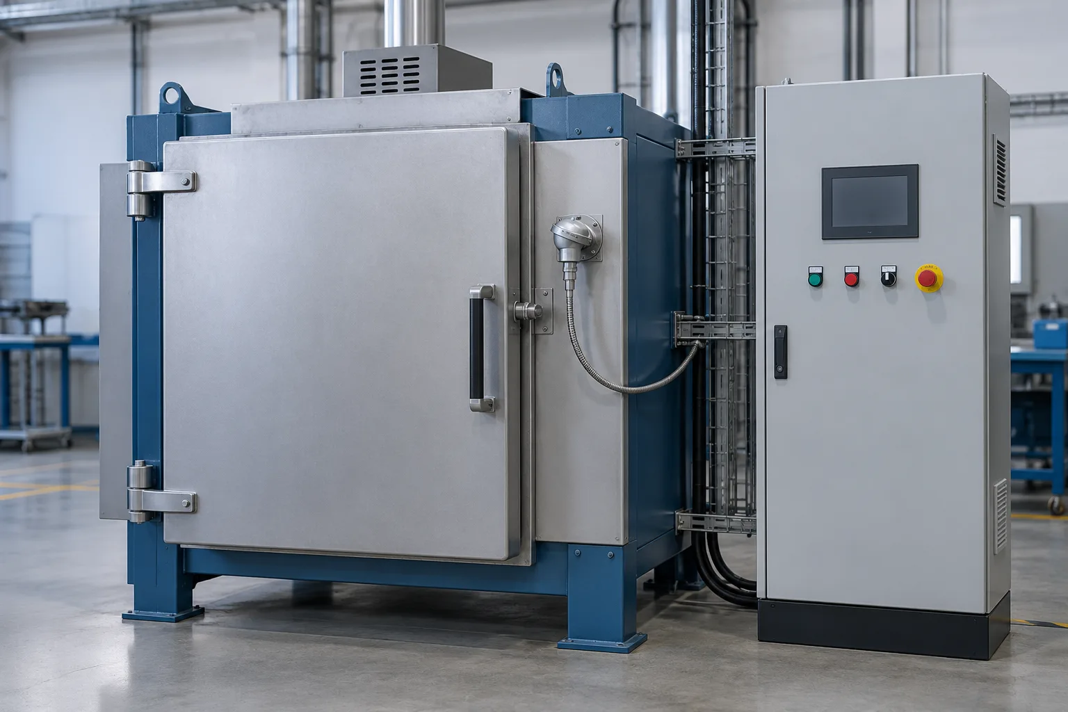 Forno industrial com sensor de temperatura e painel de controle.