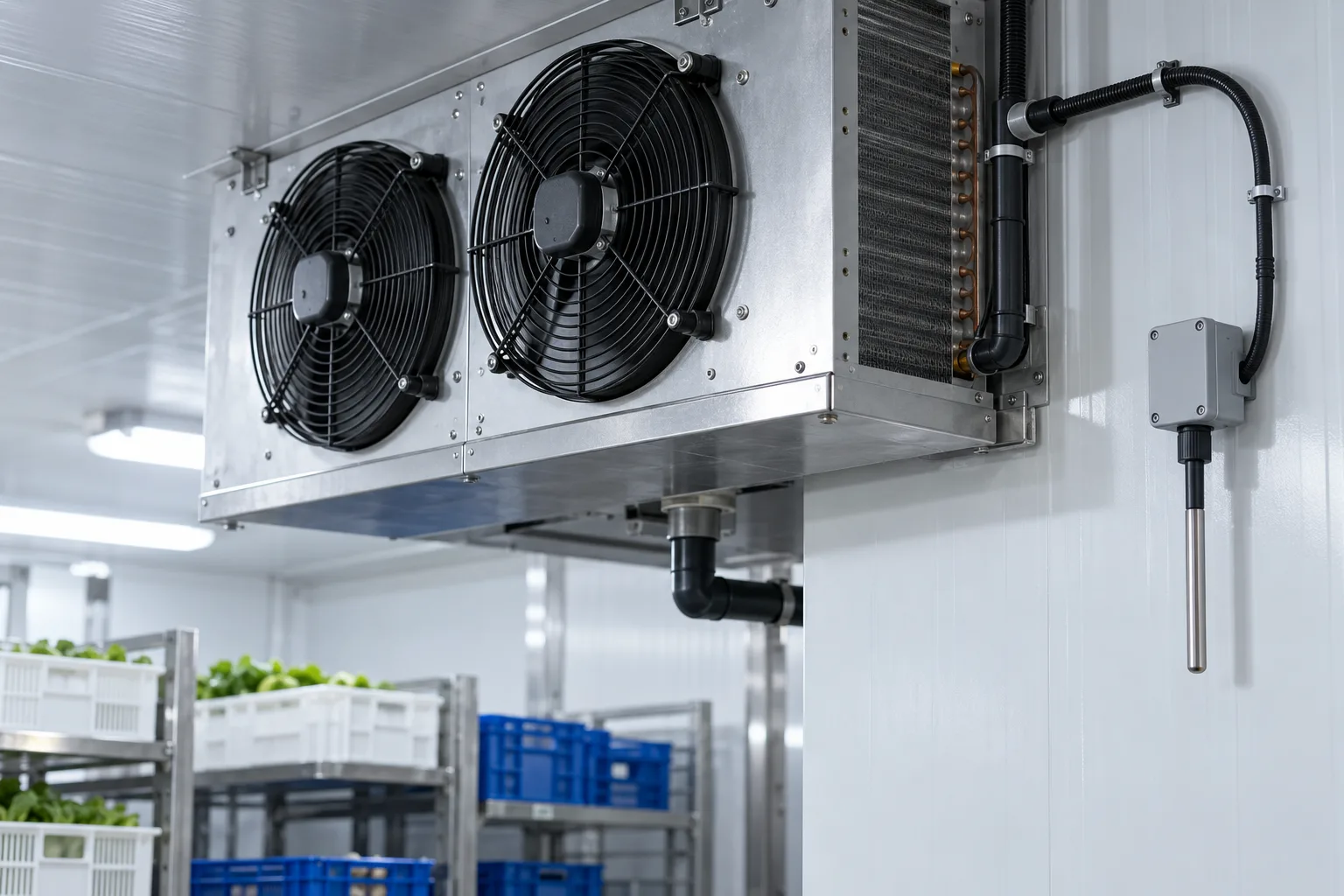 Sensores e equipamentos de uma instalação de refrigeração industrial.