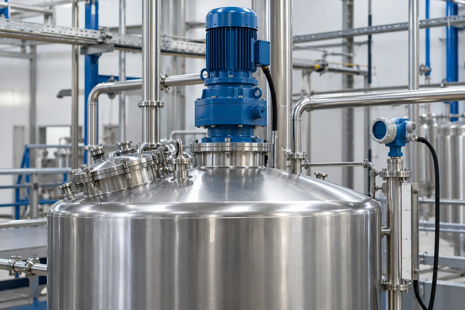 Tanque industrial com agitador e instrumentação de processo.