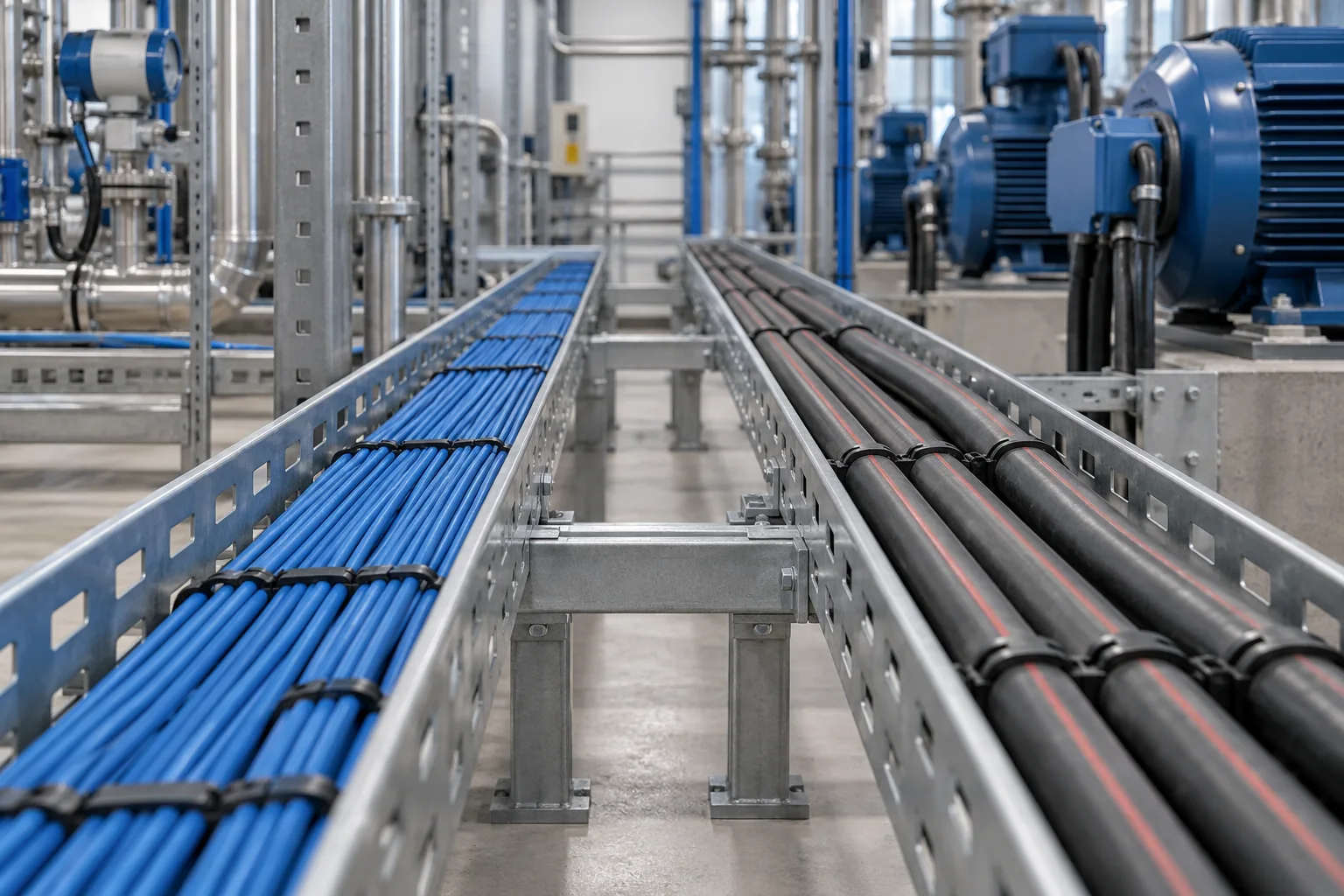Cabos de sinal organizados junto a componentes de automação industrial.