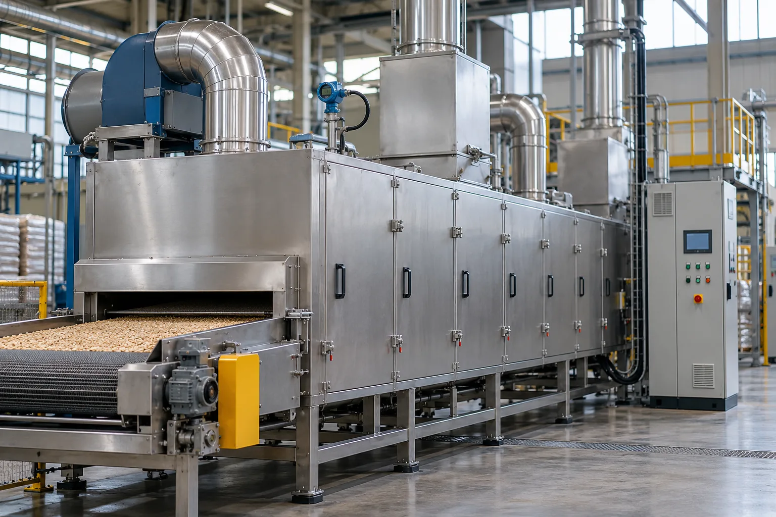 Secador industrial com dutos, instrumentação e painel de controle.