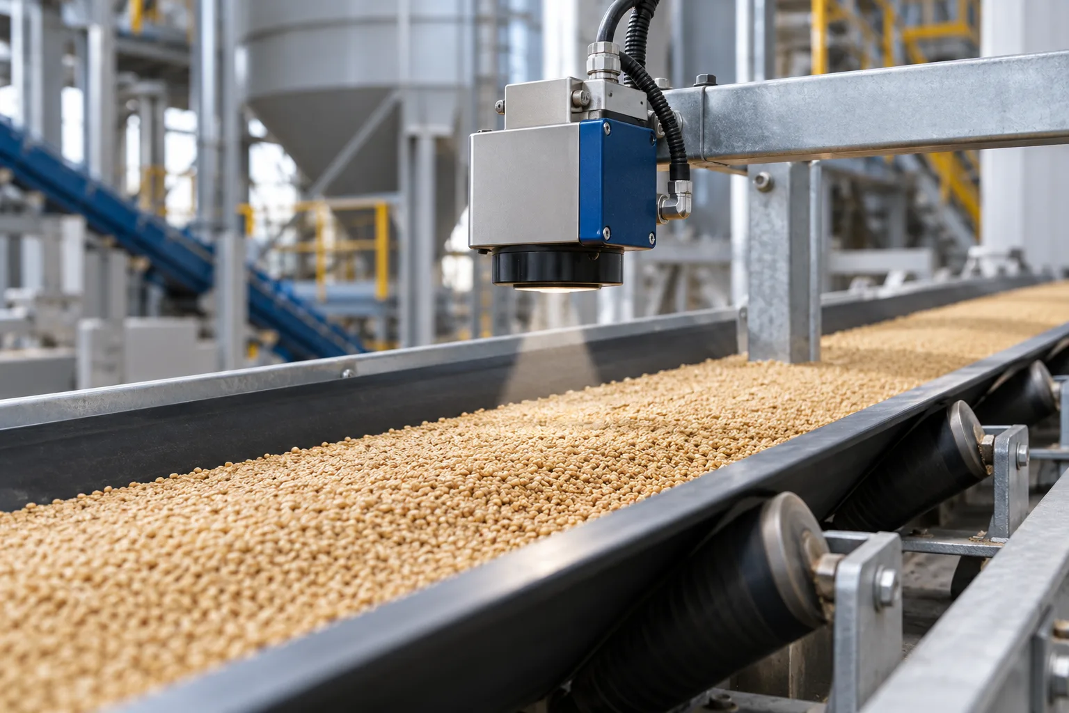 Sensor de umidade sobre produto granulado na saída da secagem.